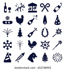 Year icons set. set of 25 year filled icons such as chicken, sparklers, opened champagne, pine-tree, christmas tree, candy cane, sparkler, fireworks, firework, party hat