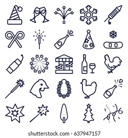 Year icons set. set of 25 year outline icons such as chicken, sparklers, pine-tree, clink glasses, christmas tree, candy cane, sparkler, fireworks, firework, party hat