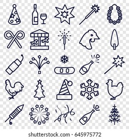 Year icons set. set of 25 year outline icons such as chicken, sparklers, pine-tree, christmas tree, candy cane, sparkler, fireworks, firework, party hat, confetti, garland