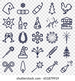 Year icons set. set of 25 year outline icons such as chicken, sparklers, pine-tree, clink glasses, christmas tree, candy cane, sparkler, fireworks, firework, party hat