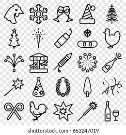 Year icons set. set of 25 year outline icons such as chicken, sparklers, pine-tree, clink glasses, christmas tree, candy cane, sparkler, fireworks, firework, party hat