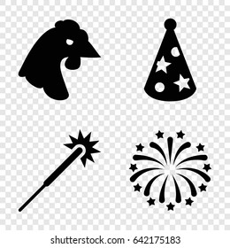 Year icons set. set of 4 year filled icons such as chicken, sparklers, fireworks