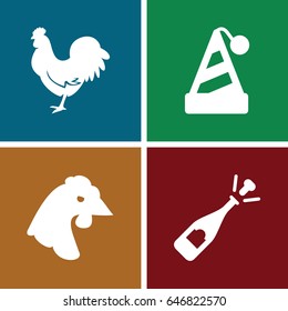 Year icons set. set of 4 year filled icons such as chicken, opened champagne