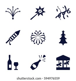 year icons set. Set of 9 year filled icons such as christmas tree, fireworks, confetti, wine glass and bottle, champagne, sparklers