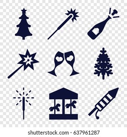 Year icons set. set of 9 year filled icons such as sparklers, opened champagne, pine-tree, clink glasses, christmas tree, sparkler, fireworks