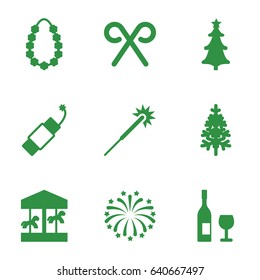 Year icons set. set of 9 year filled icons such as sparklers, pine-tree, christmas tree, candy cane, firework, fireworks, garland, wine glass and bottle