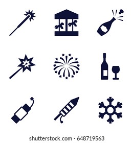 Year icons set. set of 9 year filled icons such as sparklers, fireworks, firework, snowflake, wine glass and bottle, champagne