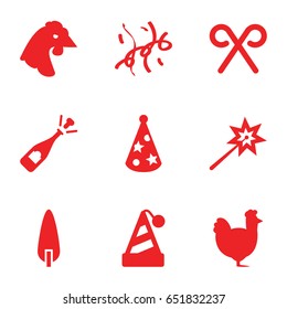 Year icons set. set of 9 year filled icons such as chicken, opened champagne, pine-tree, candy cane, party hat, confetti