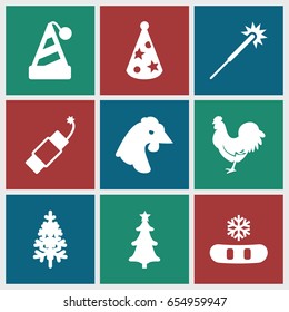 Year icons set. set of 9 year filled icons such as chicken, sparklers, pine-tree, christmas tree, firework, party hat