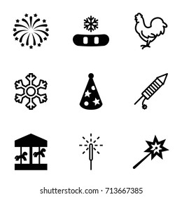 Year icons set. set of 9 year filled and outline icons such as fireworks, party hat, chicken, sparkler, snowflake, sparklers