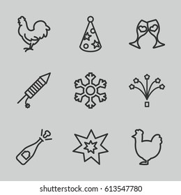 Year icons set. set of 9 year outline icons such as chicken, clink glasses, fireworks, party hat, snowflake