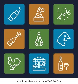 Year icons set. set of 9 year outline icons such as chicken, firework, party hat, confetti, opened champagne, wine glass and bottle