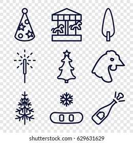 Year icons set. set of 9 year outline icons such as chicken, pine-tree, christmas tree, sparkler, party hat, opened champagne, snowflake