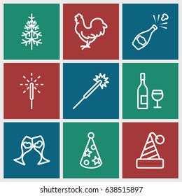 Year icons set. set of 9 year outline icons such as chicken, sparklers, pine-tree, clink glasses, sparkler, party hat, wine glass and bottle