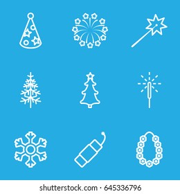 Year icons set. set of 9 year outline icons such as pine-tree, christmas tree, sparkler, firework, fireworks, party hat, garland, snowflake