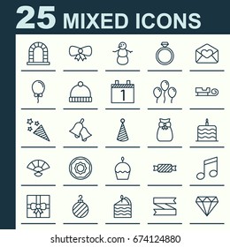 Year Icons Set. Collection Of Blank Ribbon, Christmas Ball, Doughnut And Other Elements. Also Includes Symbols Such As Donuts, Mantelpiece, Cap.