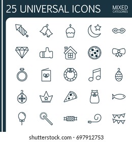 Year Icons Set. Collection Of Brilliant, Crotchets, Celebrate Whistle And Other Elements. Also Includes Symbols Such As Gift, Bunting, Corona.
