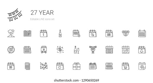 year icons set. Collection of year with calendar, present, garland, monkey, champagne, fireworks, ice, snowing, garlands. Editable and scalable year icons.