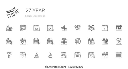 year icons set. Collection of year with calendar, champagne, party hat, confetti, present, garland, monkey, snowing, christmas tree, garlands. Editable and scalable year icons.