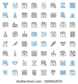 year icons set. Collection of year with calendar, monkey, fireworks, fountain, snowing, champagne, confetti, garland, cheers, garlands, party hat. Editable and scalable year icons.