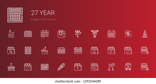 year icons set. Collection of year with cheers, calendar, confetti, champagne, monkey, ice, fireworks. Editable and scalable year icons.