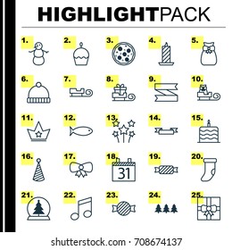 Year Icons Set. Collection Of Crotchets, Pizza Meal, Blank Ribbon And Other Elements. Also Includes Symbols Such As Wax, Blank, Pizzeria.