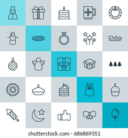 Year Icons Set. Collection Of Doughnut, Balloon, Garland Elements. Also Includes Symbols Such As Present, Firework, Aerostat.