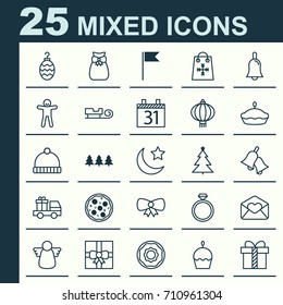 Year Icons Set. Collection Of Lorry Birthday, Knitted Cap, Birthday Cake And Other Elements. Also Includes Symbols Such As Date, Angel, Shopping.