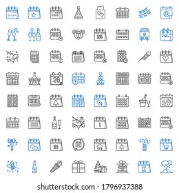 year icons set. Collection of year with snowing, calendar, fountain, christmas tree, present, confetti, champagne, fireworks, monkey, garland. Editable and scalable year icons.