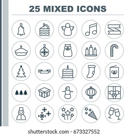 Year Icons Set. Collection Of Traditional Lamp, Tree Toy, Wax And Other Elements. Also Includes Symbols Such As Clink, Petard, Snowman.