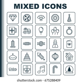 Year Icons Set. Collection Of Wedding Jewel, Firework, Balloon And Other Elements. Also Includes Symbols Such As Tree, Fire, Tart.