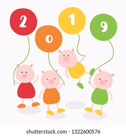 Pig’s Year Illustration, Pink Piggy with Balloons, 2019 New Year Celebration, Pig Vector, Vector Sale Cards, Chinese Pig’s Year Character Design