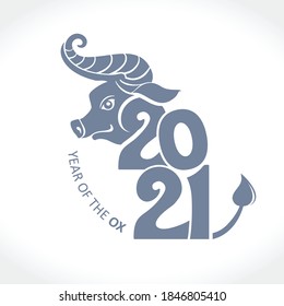 Year of the metal Ox in Chinese calendar. Vector template for New Year's design in flat style. Illustration of 2021 year of the Ox.
