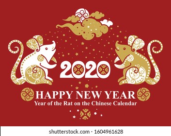 Year of The Metal Rat. 2020. Pattern with two sitting rats decorated with ornament. Beautiful card Happy New Year. Chinese Zodiac Sign Rat 2020. Vector illustration.