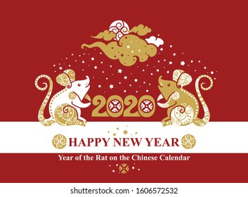Year of The Metal Rat. 2020. Pattern with two sitting rats decorated with ornament. Beautiful card Happy New Year. Chinese Zodiac Sign Rat 2020. Vector illustration.