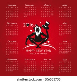 Year of the monkey 2016 calendar vector illustration
