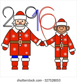 The Year of  Monkey 2016. Santa Claus with the Monkey.Vector illustration on white background. Can be used for flayers, banners, posters, new year cards, tickets.