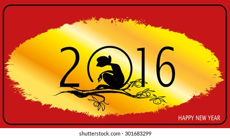 Year Of The Monkey 2016 - vector illustration of monkey black  silhouette and letters on a  golden grunge background. New Year banner, gold and red, Chinese ink painting style. Monkey on branch.
