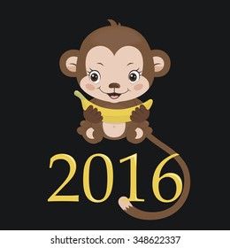 Year Of The Monkey - Monkey, banana and 2016 New Year typography