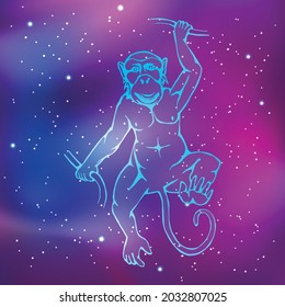 year of the monkey. The contour drawing of the animal against the background of the starry sky. Eastern, Chinese horoscope. Vector illustration