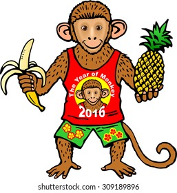 The Year of Monkey. Funny Monkey with pineapple and banana. New year symbol 2016.Vector illustration on white background, isolated.   