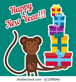 year of the monkey. Monkey with gifts on a green background