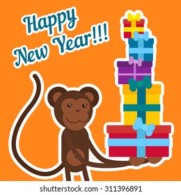 year of the monkey. Monkey with gifts on a orange background