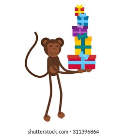 year of the monkey. Monkey with gifts on a white background