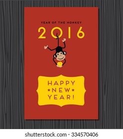 year of the monkey,  happy new year 2016 vector design with cute hanging monkey