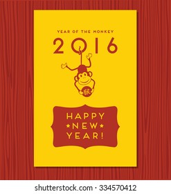 year of the monkey,  happy new year 2016 vector design with cute hanging monkey