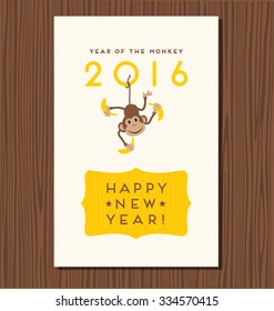 year of the monkey,  happy new year 2016 vector design with cute hanging monkey