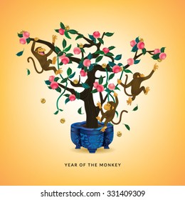 Year Of The Monkey And Longevity Peach Tree. Vector Illustration.
