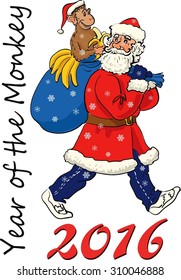 The Year of  Monkey. Santa Claus with the Monkey in his bag. Concept for cards, tickets, branding, logo, label. It Can be used for flayers, banners, posters. Vector illustration on with background.  