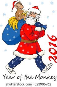 The Year of  Monkey. Santa Claus with the Monkey in his bag. On white background.Vector illustration.Can be used for flayers, banners, posters.